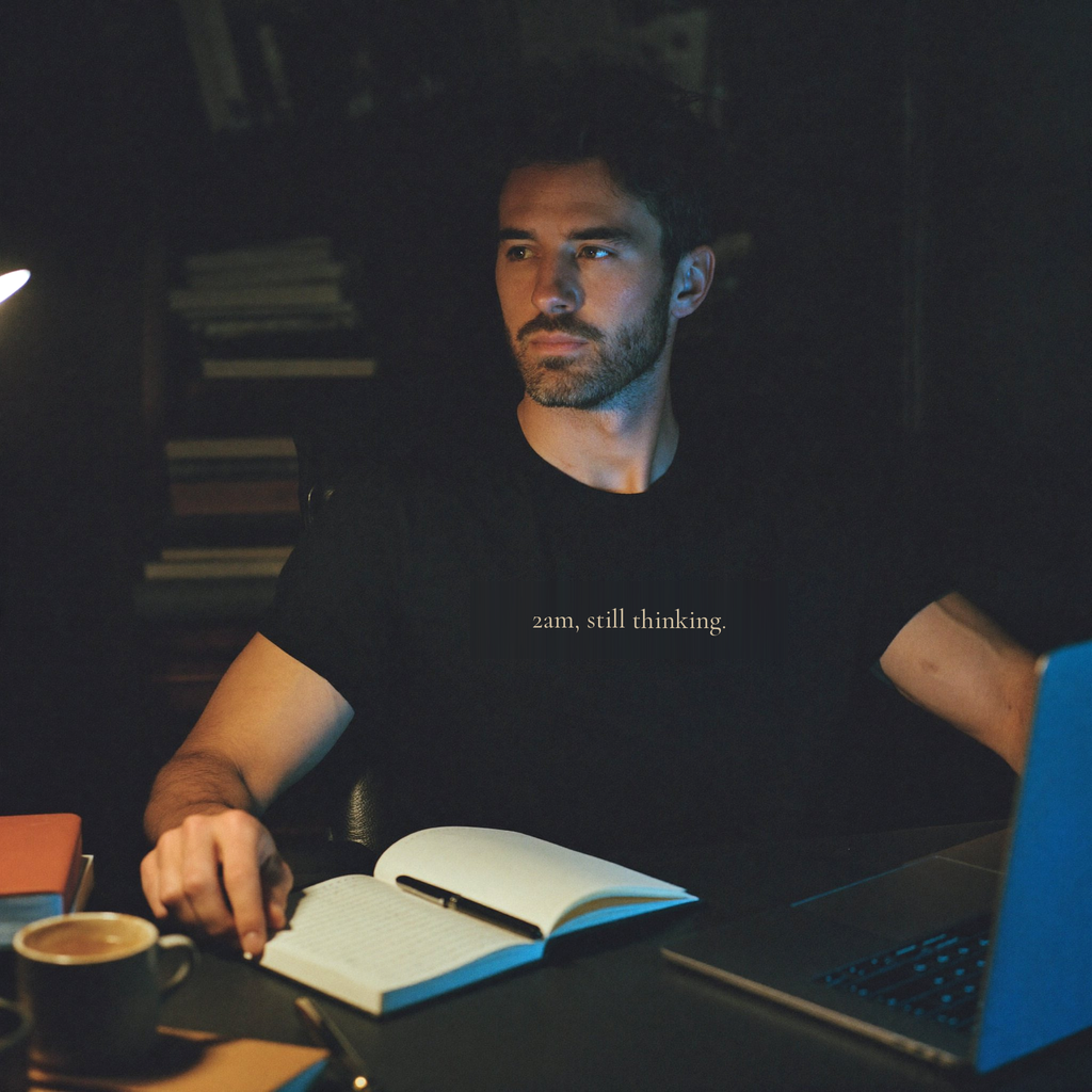 Person wearing a black Question Everything Co. tee that reads "2am, still thinking." — hero shot