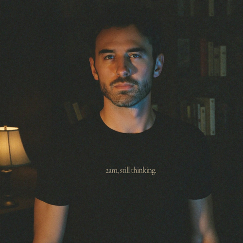 man wearing Question Everything Co. black tee reading 2am, still thinking - late night, dark study